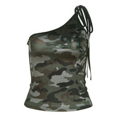 One shoulder self tie irregular camouflage top
