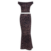 Leopard print off shoulder lace up maxi skirt set