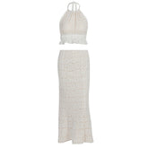 Halter lace ruffle self tie backless maxi skirt set