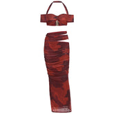 Halter off shoulder ruched hollow out maxi skirt set