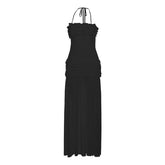 Ruched mesh halter self tie slit maxi dress
