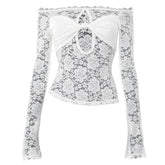Long sleeve lace hem hollow out off shoulder cut out top