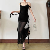 Mesh irregular backless cami maxi dress