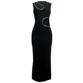 Beaded hollow out crewneck irregular cut out maxi dress