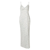 Slit v neck flower print zip-up cami maxi dress