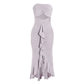Hollow out ruched ruffle tube cut out maxi dress