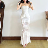 Ruched mesh ruffle solid tube maxi dress