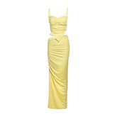 Ruched v neck hollow out gradient maxi skirt set