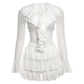 Long flared sleeve lace ruffle v neck mini skirt set