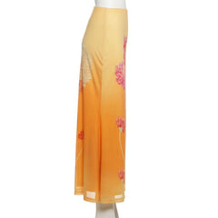 Mesh flower print contrast maxi skirt