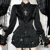 Long sleeve turnover collar ruffle button top