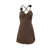 V neck cross back flower applique ruched cami mini dress