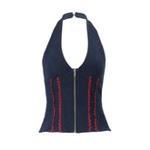 Denim halter zip-up backless top