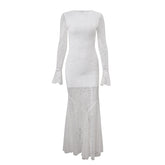 Long sleeve lace crewneck hollow out cut out maxi dress