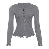 Long sleeve ruffle hollow out solid cut out top