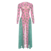 Long sleeve mesh crewneck print maxi dress