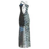 Hollow out self tie mesh irregular print cut out maxi dress