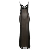 Mesh v neck PU leather spaghetti strap maxi dress