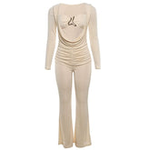 Ruched long sleeve solid hollow out jumpsuit