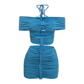 Halter self tie ruched off shoulder mini skirt set