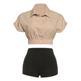 Short sleeve turnover collar button low rise pant set