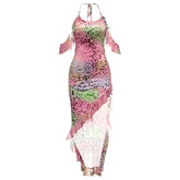 Leopard print halter self tie irregular midi dress