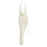 Cowl neck halter ruched slit irregular midi dress