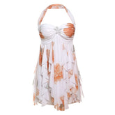 Halter ruched flower print ruffle mini dress