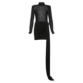 Long sleeve high neck mesh ruched mini dress