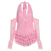 Hollow out bowknot ruffle self tie halter bodysuit