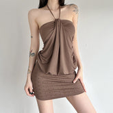 Halter ruched beaded backless mini dress