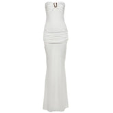 Ruched button backless tube maxi skirt set