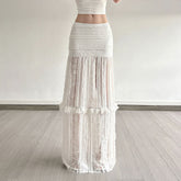 Lace ruffle solid hollow out cut out maxi skirt