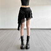 Irregular self tie mesh A line ruffle mini skirt
