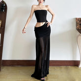 Hollow out ruched mesh tube cut out maxi dress