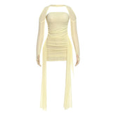 Mesh ruched gloves backless tube mini dress