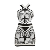 Cross back knitted v neck contrast mini skirt set