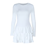 Crewneck long sleeve solid ruffle mini dress