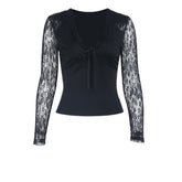 Long sleeve lace self tie v neck top