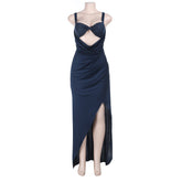 Polka dot hollow out slit ruched cami cut out maxi dress
