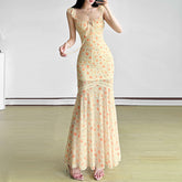 Mesh print ruched self tie lace hem maxi dress