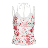 Self tie halter print mesh lace hem 2 piece top