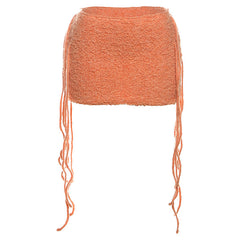 Fluffy tassels knitted solid skirt set