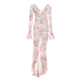 Long flared sleeve v neck flower print mesh maxi dress