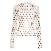 Long sleeve polka dot mesh top