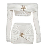 Off shoulder long sleeve ruched mini skirt set