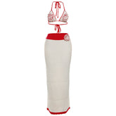 Self tie halter knitted flower applique maxi skirt set