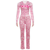 Leopard print hoodie long sleeve zip-up pant set
