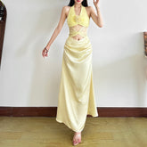 Hollow out halter flower applique ruched cut out maxi dress