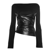 Long flared sleeve PU leather ruched top